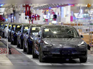 Tesla China-made Model 3 vehicles are seen during a delivery event at the carmaker's factory in Shanghai, China