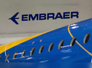 The logo of Brazilian planemaker Embraer SA is seen at the company's headquarters in Sao Jose dos Campos