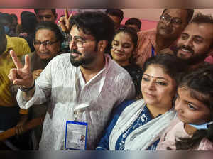 Kolkata: TMC candidate Babul Supriyo with his family members after winning Bally...