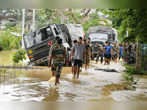 Nagaon: An army vehicle stuck in a flood-hit area at Raha in Nagaon district of ...