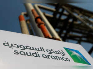 FILE PHOTO: Saudi Aramco logo is pictured at the oil facility in Abqaiq