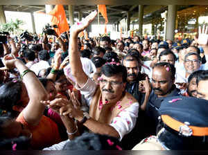 Mumbai, Apr 07 (ANI): Shiv Sena Rajya Sabha MP Sanjay Raut being welcomed by par...