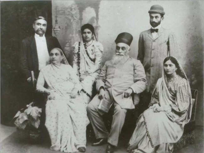 Sitting: Hirabai Tata (Jamsetji's wife), Jamsetji Nusserwanji Tata, and Navajbai Tata (Ratan's wife) | Standing: Dorabji Tata (elder son), Meherbai Tata (Dorabji's wife) and Ratan Tata (younger son)