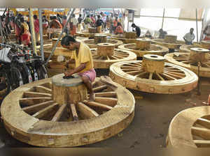 Puri: Carpenters construct wheels of chariots of Hindu deities Jagannath, Balabh...