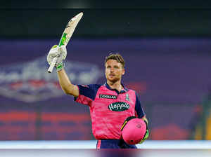 Jos Buttler of Rajasthan Royals celebrates after scoring a hundred in an IPL match