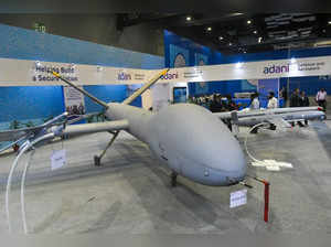 New Delhi: View of a drone on display at the Bharat Drone Mahotsav, India's larg...