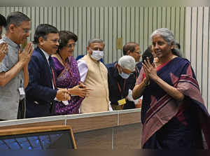 New Delhi, Jun 06 (ANI): Union Finance Minister Nirmala Sitharaman being greeted...