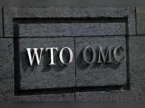A logo is pictured outside the World Trade Organisation (WTO) in Geneva