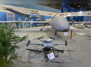 New Delhi: A drone on display at the Bharat Drone Mahotsav, India's largest dron...
