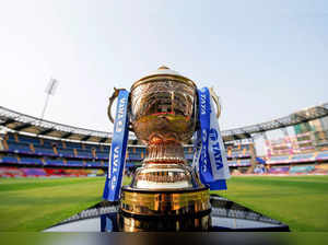 Mumbai: Trophy on display during cricket match 1 of the Indian Premier League 20...