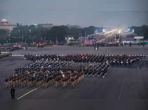 New Delhi: Indian Armed Forces Band during rehearsals for the Beating Retreat ce...