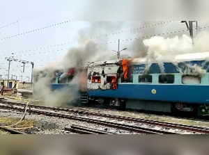 Chhapra, June 16 (ANI): Youth set a train ablaze during a protest against Agneep...