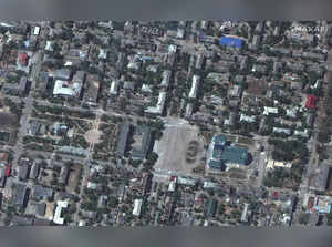 A satellite image shows damaged buildings near Chemist's Palace of Culture in downtown Severodonetsk