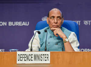 New Delhi: Union Defence Minister Rajnath Singh during a press conference at Nat...