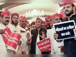 Lucknow: Leader of Opposition and Samajwadi Party President Akhilesh Yadav arriv...
