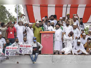 Bareilly: Ittehad-e-Millat Council during a protest demanding the arrest of form...