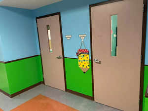 A view of classroom doors at the Robb Elementary School in Uvalde, Texas