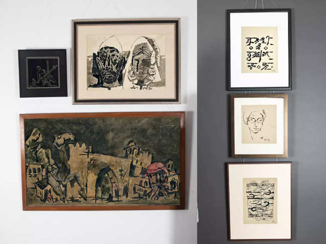 (Left) MF Husain's Untitled (2003), (1966) & (Circa 1960) | (Right) VS Gaitonde's Untitled (1974), (1987) & (1985)