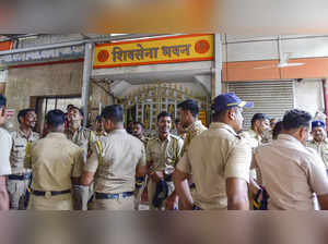 Mumbai: Police personnel deployed outside the Shiv Sena Bhavan at Dadar in Mumba...