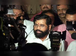 Surat, Jun 22 (ANI): Shiv Sena leader Eknath Shinde speaks to the media, in Sura...
