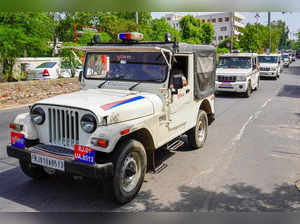 Ajmer: Police vehicles patrol in Ajmer, a day after murder of a tailor in Udaipu...