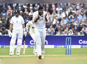 India's Jasprit Bumrah celebrates after dismissing England's Ollie Pope during t...