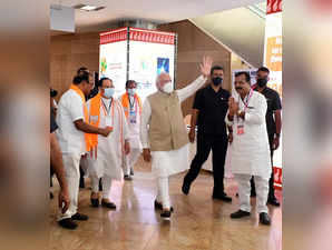 Hyderabad: Prime Minister Narendra Modi waves as he arrives to attend BJP's Nati...