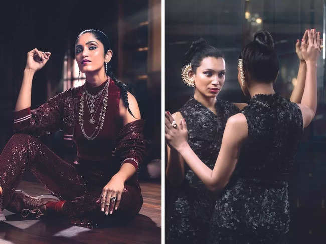 Akshitha Basavaraju chooses a layered set of necklaces, multiple rings and long earrings from C Krishniah Chetty; Hema L wearing a pair of stunning ear cuffs from C Krishniah Chetty