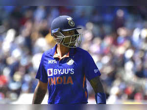 India's Suryakumar Yadav after being dismissed by England's Chris Jordan during ...