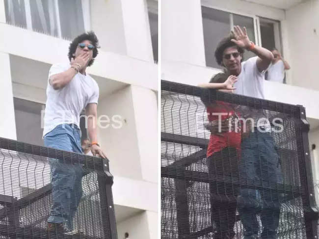 SRK opted for a classic look with a white T-shirt and a pair of blue joggers, while AbRam wore a red T-shirt and black denim.​