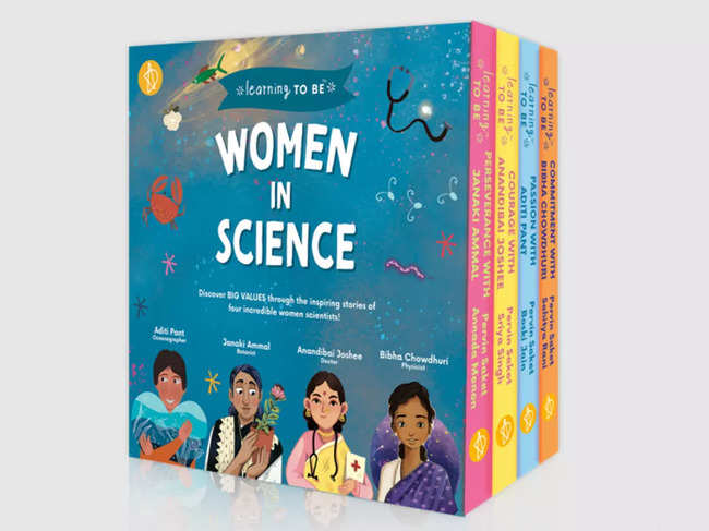 ​The illustrated box set includes titles 'Commitment with Bibha Chowdhuri', 'Courage with Anandibai Joshee', 'Passion with Aditi Pant' and 'Perseverance with Janaki Ammal'.