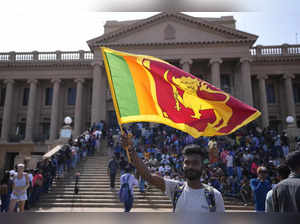 A protester waves a national flag outside president Gotabaya Rajapaksa's office ...