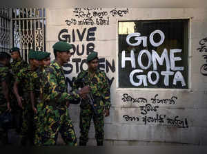 Sri Lanka army soldiers patrol near the official residence of president Gotabaya...