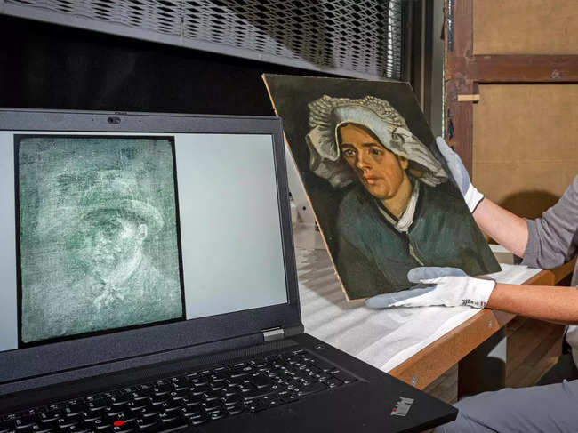 ​ 'Head of a Peasant Woman' alongside an X-ray image of a hidden self-portrait of Dutch painter Vincent Van Gogh in Edinburgh​.