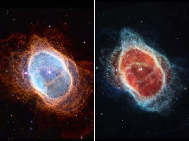 The side-by-side comparison shows observations of the Southern Ring Nebula in near-infrared light (L) and mid-infrared light (R). This scene was created by a white dwarf star – the remains of a star like our Sun after it shed its outer layers and stopped burning fuel through nuclear fusion. Those outer layers now form the ejected shells all along this view. (​Image Credit: NASA, ESA, CSA and STScI)​