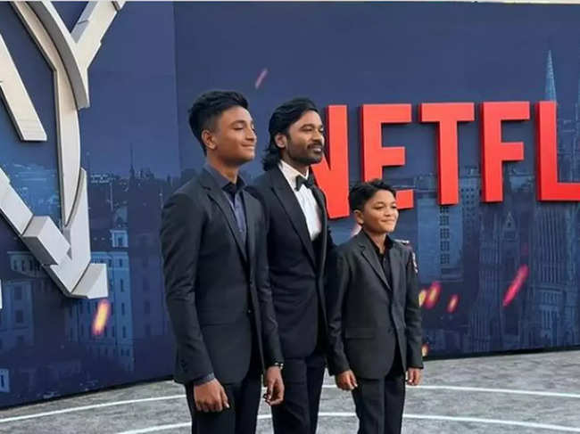​Dhanush and his sons look dapper at the global event.
