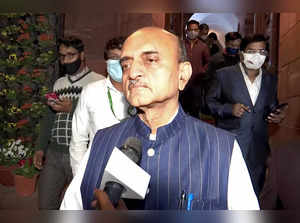 New Delhi, Feb 10 (ANI): MoS Finance Bhagwat Karad speaks to media at parliament...