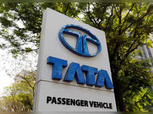 FILE PHOTO: A Tata Motors logo is pictured outside the company showroom in Mumbai