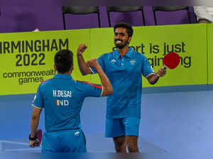 Birmingham: India’s Harmeet Desai and Sathiyan Gnanasekaran celebrate after winn...