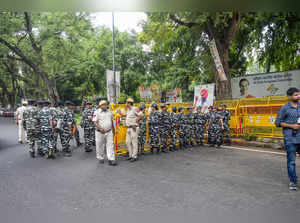 New Delhi: Security personnel outside AICC HQ, after office of the Young Indian ...