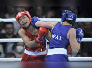 Birmingham: Boxer Lovlina Borgohain in action against Eccles Rosie of Wales duri...
