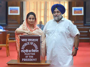 New Delhi: SAD Chief Sukhbir Singh Badal with his wife and party leader Harsimra...