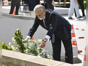Russian Ambassador to Japan Mikhail Galuzin lays flowers at the cenotaph for atomic bomb victims at the Peace Memorial Park in Hiroshima, western Japan