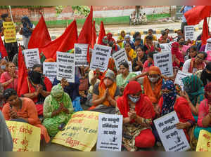 New Delhi: Anganwadi workers stage a protest against illegal termination and imp...