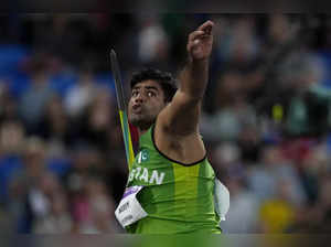Arshad Nadeem of Pakistan makes an attempt in the Men's javelin throw during the...