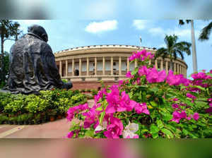 The Parliament House building during the Monsoon Session, in New Delh...