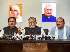 Patna: BJP MP Sushil Kumar Modi addresses a press conference at the party office...