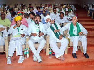 Rakesh Tikait with others attends the 'Kisan Sansad' organise...