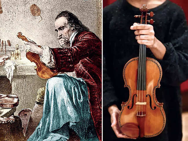An 18th-century depiction of Antonio Stradivari | A violin made by Antonio Stradivari in 1679