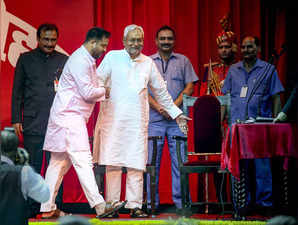 Patna: Bihar Chief Minister Nitish Kumar with his deputy Tejashwi Yadav during t...